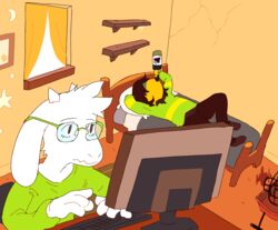  8j4xx alcohol anthro asriel_dreemurr bed beverage bovid cage caprine cart chair clothed clothing computer deltarune drinking duo electronics eyewear furniture glasses goat hi_res human kris_(deltarune) male mammal office_chair programming typing underage_drinking undertale undertale_(series) wine wine_bottle 