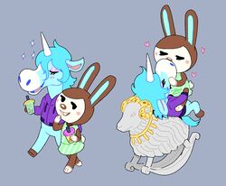  8j4xx animal_crossing anthro beverage bubble_tea carmen_(animal_crossing) clothed clothing duo equid equine female hi_res horn julian_(animal_crossing) kissing lagomorph leporid male male/female mammal mythological_creature mythological_equine mythology nintendo rabbit unicorn 