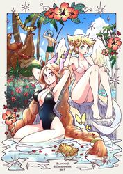  2girls 3boys angel_wings animal_ears bikini black_one-piece_swimsuit blonde_hair blue_eyes blue_hair blue_sky braid breasts breath_of_fire breath_of_fire_iii coconut_tree commentary feathered_wings fishing_rod flower full_body garr green_eyes hair_flower hair_ornament highres honey_(breath_of_fire) long_hair looking_at_viewer maruno momo_(breath_of_fire) multiple_boys multiple_girls nina_(breath_of_fire_iii) one-piece_swimsuit open_mouth palm_tree pince-nez rei_(breath_of_fire) ryuu_(breath_of_fire_iii) short_hair sky smile swimsuit tree twin_braids water white_wings wings 