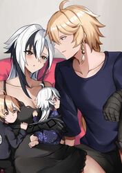  2boys 2girls absurdres aether_(genshin_impact) ahoge alternate_body_size alternate_breast_size alternate_hair_length alternate_hairstyle arlecchino_(genshin_impact) black_dress black_hair black_shorts blonde_hair blue_shirt breasts brown_hair cleavage commentary couch dress earrings family father_and_daughter father_and_son genshin_impact highres if_they_mated jewelry mother_and_daughter mother_and_son multicolored_hair multiple_boys multiple_girls shirt shorts sleeveless sleeveless_dress straight symbol-shaped_pupils tian_kazuki two-tone_hair white_hair x-shaped_pupils 