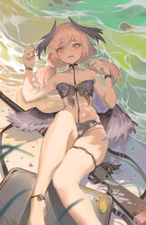  ankle_ribbon barefoot beach bikini black_bikini black_bow black_wings blue_archive bow breasts feathered_wings female floral_print front-tie_bikini_top front-tie_top gun halo head_wings highres itoucon koharu_(blue_archive) koharu_(swimsuit)_(blue_archive) leg_ribbon long_hair looking_at_viewer low_twintails low_wings lying nail_polish navel official_alternate_costume on_back open_mouth outdoors pink_eyes pink_hair print_bikini red_nails ribbon small_breasts solo strapless strapless_bikini swimsuit thigh_strap twintails water weapon wings 