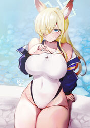  animal_ears bare_shoulders blonde_hair blue_archive blue_eyes blue_jacket blush breasts female from_above hachimitsu_hinako halo hand_up highleg highleg_swimsuit highres jacket kanna_(blue_archive) kanna_(swimsuit)_(blue_archive) large_breasts long_hair long_sleeves looking_at_viewer off_shoulder official_alternate_costume one-piece_swimsuit one_eye_covered parted_lips sitting solo swimsuit teeth thighs water white_halo white_one-piece_swimsuit 