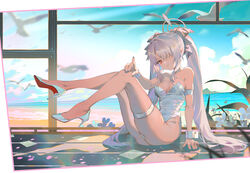  alternate_costume ass bare_shoulders blue_archive breasts choker cleavage closed_mouth cloud dark-skinned_female dark_skin day female full_body grey_hair grey_halo hair_over_one_eye hair_ribbon halo high_heels highres indoors iori_(blue_archive) itoucon leotard long_hair looking_at_viewer medium_breasts nail_polish playboy_bunny pointy_ears red_eyes ribbon sitting sky smile solo strapless strapless_leotard thigh_strap thighs twintails very_long_hair white_footwear white_leotard 