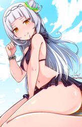  absurdres baileys_(tranquillity650) bikini bikini_skirt blue_sky blush breasts cloud female grey_hair hair_bun highres hololive long_hair looking_at_viewer murasaki_shion murasaki_shion_(hololive_summer_2019) navel official_alternate_costume purple_bikini purple_skirt skirt sky small_breasts smile swimsuit virtual_youtuber yellow_eyes 