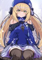  artoria_caster_(concept_dress)_(fate) artoria_caster_(fate) artoria_pendragon_(fate) bare_shoulders beret blonde_hair blue_hat blue_shirt blush breasts brown_thighhighs fate/grand_order fate_(series) female green_eyes hat long_hair long_sleeves looking_at_viewer neko_daruma off_shoulder pleated_skirt shirt sitting skirt small_breasts smile solo tassel thighhighs thighs twintails white_skirt 