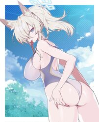  animal_ear_fluff animal_ears ass bare_arms bare_legs bare_shoulders blonde_hair blue_archive blue_eyes blue_halo breasts competition_swimsuit cowboy_shot female from_behind hair_over_one_eye halo highres kanna_(blue_archive) kanna_(swimsuit)_(blue_archive) koza_game large_breasts long_hair looking_at_viewer looking_back official_alternate_costume one-piece_swimsuit protected_link solo swimsuit whistle whistle_around_neck white_one-piece_swimsuit 