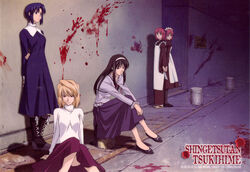  5girls against_wall arcueid_brunestud back-to-back black_hair black_pantyhose blonde_hair blood blood_splatter bloody_handprints blue_hair boots ciel_(tsukihime) dress hairband handprint hisui_(tsukihime) holding_hands interlocked_fingers kohaku_(tsukihime) long_hair long_skirt long_sleeves maid multiple_girls ozawa_iku pantyhose pink_hair purple_skirt red_eyes sad short_hair siblings sisters sitting skirt smile sweater tohno_akiha tsukihime turtleneck twins white_hairband 