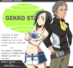  1boy anji black_hair breasts character_name cleavage collaboration copyright_name crop_top crossed_arms english_text engrish_text eureka_seven eureka_seven_(series) female grey_eyes grey_hair groin hands_in_pockets holland_novak kuroo_(project_apricot) long_sleeves looking_at_viewer midriff milestone_celebration miniskirt navel ranguage skirt small_breasts talho_yuuki tank_top text_focus 