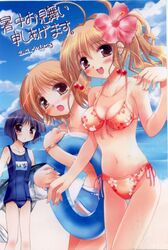  2002 3girls arisaka_shiina beach bikini blonde_hair breasts brown_eyes cloud day flower front-tie_top hair_flower hair_ornament hibiscus innertube ko~cha looking_at_viewer multiple_girls name_tag one-piece_swimsuit outdoors pink_flower red_eyes sakurai_chie school_swimsuit short_hair side_ponytail string_bikini swim_ring swimsuit takatsuki_mii yuibashi 