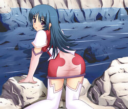  all_fours arm_support ass bent_over blue_hair blush boots earrings elbow_gloves female from_behind gloves hyokkori_tamago jewelry kotona_elegance long_hair looking_at_viewer looking_back outdoors photoshop_(medium) pink_gloves purple_eyes rock solo stream thighhighs water white_footwear zoids zoids_genesis 