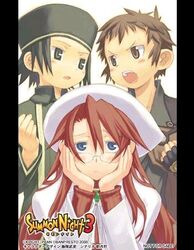  2boys angry aty_(summon_night) beret black_eyes black_hair blue_eyes blush brown_hair female fingerless_gloves glasses gloves hat kuroboshi_kouhaku long_hair long_sleeves lowres multiple_boys nup_martini official_art open_mouth red_hair summon_night summon_night_3 will_martini 