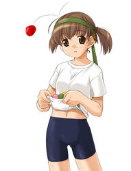  ball_toss bike_shorts breasts brown_eyes brown_hair female fukuzawa_yumi hairband looking_at_viewer maria-sama_ga_miteru navel shirt shirt_basket short_twintails simple_background solo sports_festival t-shirt twintails umekichi white_background 