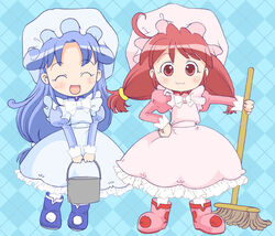  2girls :3 :d ^_^ ahoge ankle_boots argyle_background blue_background blue_footwear blue_hair blush boots broom bucket closed_eyes closed_mouth clothing_request commentary_request fine_(futagohime) full_body fushigiboshi_no_futago_hime hand_on_own_hip hat hatomugi_(mamotan) holding holding_broom holding_bucket juliet_sleeves long_hair long_sleeves mop multiple_girls open_mouth parted_bangs puffy_sleeves red_eyes red_footwear red_hair rein_(futagohime) smile standing 