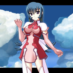  aqua_hair breasts cloud day dress elbow_gloves female gloves hyokkori_tamago kotona_elegance long_hair looking_at_viewer lowres photoshop_(medium) pink_gloves pink_thighhighs purple_eyes smile solo thighhighs zoids zoids_genesis 