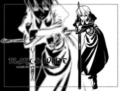  artist_request boots closed_mouth english_text female full_body futaba_channel greyscale kotonomiya_yuki leaning long_sleeves looking_at_viewer maid monochrome short_hair smile solo source_request standing suigetsu sword weapon yami_yuki zoom_layer 