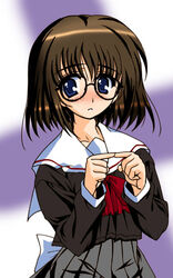  blue_eyes blush brown_hair female fingers_together glasses index_fingers_together kurihara_touko long_sleeves looking_at_viewer masutaauu nervous pleated_skirt school_uniform skirt solo tenshi_no_inai_12-gatsu 