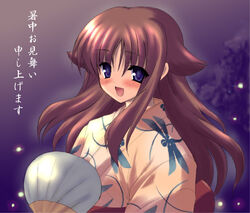  :d animal_print blue_eyes blush brown_hair bug dragonfly dragonfly_print female hair_flaps hand_fan japanese_clothes kimono kyogoku_shin long_hair long_sleeves looking_at_viewer miyashiro_karin night open_mouth paper_fan shochuumimai smile solo sparkle suigetsu translated uchiwa upper_body yellow_kimono yukata 