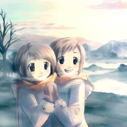  2girls :d bare_tree black_eyes breath brown_hair coat figure_17 ikeda_jun_(mizutamari) long_sleeves mittens multiple_girls nature open_mouth outdoors parted_bangs photoshop_(medium) scarf scenery shared_clothes shared_scarf shiina_hikaru shiina_tsubasa short_hair siblings sky smile tree twilight twins winter winter_clothes winter_coat 