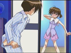  1boy anime_screenshot asaba_naoyuki asaba_yuuko ass blush brother_and_sister brown_eyes brown_hair dressing embarrassed female indoors iriya_no_sora_ufo_no_natsu non-web_source pajamas ponytail short_hair shorts siblings striped vertical_stripes walk-in 