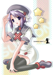  2000s_(style) :d black_thighhighs blush cover cover_page doujin_cover dress female hat kneeling knees_together_feet_apart light_purple_hair looking_at_viewer miyabi_juri open_mouth panties pantyshot purple_eyes purple_hair short_dress short_hair sitting smile solo star_(symbol) starry_background summon_night summon_night_2 thighhighs toris turtleneck underwear wariza waving white_panties 