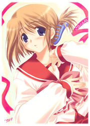  blue_eyes blush bow bowtie brown_hair character_name claw_hair_clip dated dress female folded_ponytail hair_between_eyes hair_ornament hairclip komaki_manaka long_sleeves looking_at_viewer medium_hair open_mouth pink_bow pink_bowtie red_dress red_ribbon red_sailor_collar ribbon sailor_collar school_uniform serafuku shirt short_hair sidelocks signature solo to_heart_(series) to_heart_2 upper_body white_shirt yano_takumi 