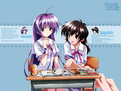  2girls antenna_hair black_hair book brown_eyes can chair character_name desk drink_can english_text engrish_text food iriya_kana iriya_no_sora_ufo_no_natsu kurashima_tomoyasu long_hair looking_at_viewer multiple_girls official_art open_book pen pocky purple_hair ranguage red_eyes school_chair school_desk school_uniform serafuku soda_can sudou_akiho 