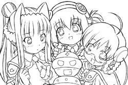  3girls ahoge animal_ears girutaabo glasses greyscale hair_ornament humanoid_robot koharuno_silk looking_at_viewer monochrome moroboshi_tsubomi multiple_girls necktie oerba_yun_fang open_mouth photoshop_(medium) ponytail robot ufoman ultimate_girl uniform 