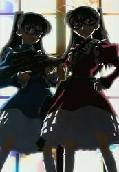  2girls ammunition_belt anime_screenshot assault_rifle dress futakoi gothic_lolita gun hairband kneehighs lolita_fashion mask multiple_girls open_mouth rifle sakurazuki_kira sakurazuki_yura shadow siblings sisters socks standing twins weapon window 