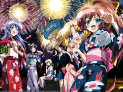  5girls :d aerial_fireworks animal_print anime_coloring aoi_umi_no_tristia arm_behind_head arm_hug bag bagged_fish black_hair black_kimono blonde_hair blue_eyes blue_hair blush faury_carat fireworks fish fish_print floral_print folded_fan folding_fan food fruit goldfish green_eyes green_sash hair_ribbon hand_fan hands_up holding holding_bag holding_fan holding_food japanese_clothes kimono komatsu_eiji long_sleeves looking_afar looking_at_viewer looking_away multiple_girls nanoca_flanka nene_hampden night nose_blush obi open_mouth outdoors panavia_tornado_(aoi_umi_no_tristia) paper_fan photoshop_(medium) pink_kimono pink_sash plastic_bag plate print_kimono purple_kimono rafarew red_hair ribbon sash shaved_ice silhouette sitting smile source_request standing third-party_edit third-party_watermark uchiwa water watermark watermelon web_address wide_sleeves yellow_ribbon yukata 