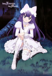  aizawa_masahiro animal_ears artist_name blue_eyes cat_ears choker copyright_name crease detached_sleeves downscaled female german_text grass hazuki_(tsukuyomi) long_hair looking_at_viewer magazine_scan night official_art outdoors purple_hair resized ribbon ribbon-trimmed_legwear ribbon_trim scan sitting smile solo thighhighs translated tree tsukuyomi_moonphase under_tree white_thighhighs 