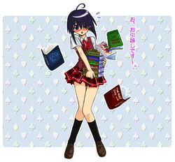  ahoge bad_id bad_link blush book book_stack clothing_request club_(shape) diamond_(shape) dropping female flying_sweatdrops heart kneehighs looking_at_viewer mahora_academy_middle_school_uniform mahou_sensei_negima! miyazaki_nodoka open_mouth oyama_(fortune_pandora) plaid plaid_skirt pleated_skirt purple_eyes purple_hair school_uniform skirt socks solo spade_(shape) sweatdrop thigh_gap 