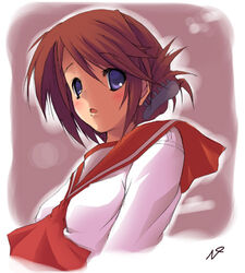  arms_at_sides ascot between_breasts blurry blush bokeh breasts brown_hair claw_hair_clip clothes_between_breasts depth_of_field facing_viewer female folded_ponytail from_side grey_background hairstyle_request impossible_clothes komaki_manaka long_sleeves looking_to_the_side looking_up lowres medium_hair mizoguchi_keiji multicolored_background open_mouth photoshop_(medium) pink_background purple_eyes red_ascot red_sailor_collar sailor_collar school_uniform serafuku shirt short_hair sidelocks sideways_glance signature simple_background small_breasts solo split_mouth swept_bangs to_heart_(series) to_heart_2 upper_body white_background white_shirt 