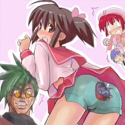  2boys 2girls ahoge ass bad_id bad_link blue_hair blush bow brown_eyes brown_hair card_master_peach cardcaptor_sakura comic_party company_connection cosplay crossdressing glasses green_hair haga_reiko hair_between_eyes hair_ornament hairbow hat holding kuhonbutsu_taishi leaf_(studio) long_sleeves looking_back lowres multiple_boys multiple_girls nakamura_hisashi o_o oekaki open_mouth otoko_no_ko pink_sailor_collar red_hair sailor_collar school_uniform sendou_kazuki serafuku short_hair short_shorts shorts simple_background skirt smile sweatdrop takase_mizuki to_heart_(series) to_heart_2 trigun twintails underwear wand yoshio_(leaf) yuzuhara_konomi yuzuhara_konomi_(cosplay) 