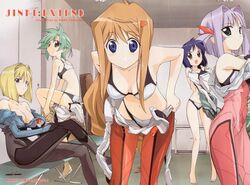  5girls :&lt; :/ :o artist_name barefoot black_bodysuit blonde_hair blue_eyes blue_hair blush bodysuit bra breasts brown_eyes brown_hair cleavage collarbone copyright_name covering_privates dated elnie_tachibana english_text glasses green_eyes green_hair grey_eyes hair_intakes hair_ornament hairclip highres hiiragi_akao indoors jinki kawamoto_satsuki kousaka_rui leaning_forward leg_lift light_purple_hair lingerie locker long_hair long_sleeves looking_at_viewer medium_breasts mel_j_vanette multiple_girls navel no_bra panties parted_lips pink_bodysuit purple_hair red_bodysuit short_hair sitting standing surprised sweatdrop tsunashima_shirou underwear underwear_only undressing unworn_eyewear very_long_hair 