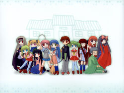  2000s_(style) 2boys 6+girls :d ;d ^_^ ahoge aoba_kozue apron artist_request asagi_michiyo black_hair blue_eyes blue_hair broom brown_hair buchou cape chanohata_tamami chibi chibi_only closed_eyes everyone glasses green_eyes green_hair haibara_yukio hairband holding holding_broom kurosaki_asami kurosaki_sayoko long_hair mahoraba matsuba_satsuki minazuki_mahiru momono_megumi multiple_boys multiple_girls one_eye_closed open_mouth orange_hair pantyhose pink_hair purple_eyes red_eyes ryuusei_johnny school_uniform shiratori_ryuushi shirogane_miyabi skirt smile source_request twintails 