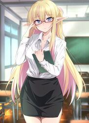  black_skirt blonde_hair blouse blue_eyes chair chalkboard clipboard closed_mouth collarbone commentary_request desk elf eyelashes female glasses hair_between_eyes highres highschool_elf_(nakahira_guy) holding holding_clipboard indoors long_hair nakahira_guy original pointy_ears red-framed_eyewear school_desk shirt skirt teacher very_long_hair white_shirt window wooden_floor 