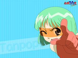  blue_background brown_eyes character_name copyright_name dokkoida female gloves green_hair one_eye_closed open_mouth orange-tinted_eyewear pointing pointing_at_viewer red_gloves short_hair solo tanpopo tinted_eyewear upper_body vector_trace 