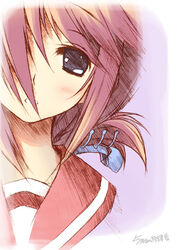  blue_eyes blush claw_hair_clip female folded_ponytail hair_ornament hair_over_one_eye hairclip hatching_(texture) kantoku komaki_manaka linear_hatching looking_at_viewer low_ponytail lowres parted_lips photoshop_(medium) pink_eyes pink_hair pink_sailor_collar portrait sailor_collar school_uniform serafuku shirt sidelocks signature sketch solo split_mouth teeth to_heart_(series) to_heart_2 white_shirt 