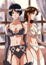  2girls black_gloves black_hair black_panties black_thighhighs bow bow_bra bow_panties bra breasts brown_eyes brown_hair cirima cleavage curtains curvy elbow_gloves garter_belt gloves hikaru_no_go indoors lace large_breasts lingerie looking_at_viewer mature_female multiple_girls navel panties shindou_mitsuko short_hair smile standing thighhighs touya_akiko underwear underwear_only white_gloves white_panties white_thighhighs wide_hips window 