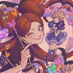  2girls ;) bat_(animal) blonde_hair bow bowtie candy chocolat_meilleure commentary dress earrings food green_eyes heart heart_wand highres holding holding_wand jewelry looking_at_viewer momoiro_lys multiple_girls one_eye_closed orange_hair pointy_ears puffy_short_sleeves puffy_sleeves purple_dress purple_eyes purple_footwear short_hair short_sleeves smile sugar_sugar_rune twintails twitter_username vanilla_mieux wand 