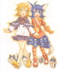  2girls ahoge animal animal_ears blonde_hair blue_eyes blue_hair blush bow cat_ears feline holding_hands kuroboshi_kouhaku long_sleeves looking_at_viewer minis multicolored_clothes multicolored_legwear multiple_girls open_mouth pantyhose scan short_hair skirt star_(symbol) striped_clothes striped_pantyhose summon_night summon_night_2 tail thighhighs yellow_eyes yuel 