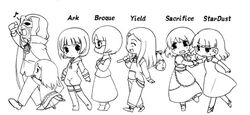  1boy 6+girls abyss_(sound_horizon) angry baroque_(sound_horizon) cape chibi chibi_only closed_eyes dress el_(sound_horizon) elysion glasses greyscale hug hug_from_behind mask monochrome multiple_girls music open_mouth sacrifice_(sound_horizon) sakumo_(karatama) short_hair singing soror sound_horizon stella_(sound_horizon) thighhighs yield zettai_ryouiki 