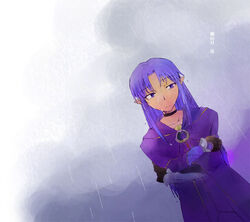  black_gloves blue_hair braid choker fate/stay_night fate_(series) female gloves haizumi_natsuki long_hair long_sleeves looking_to_the_side medea_(fate) pointy_ears purple_eyes rain sad solo wet wet_hair 