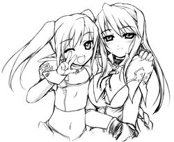  2girls ;d breasts crop_top elf flat_chest gloves greyscale hairband hand_on_another&#039;s_shoulder large_breasts light_smile long_hair long_pointy_ears looking_at_viewer masuda_afura midriff monochrome multiple_girls navel one_eye_closed open_mouth pastel_chime pastel_chime_continue phil_ehart pointy_ears saika_s._falnese smile twintails w 