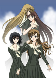  4girls adjusting_hair artist_request black_eyes black_hair blonde_hair blue_eyes brown_dress brown_hair clothing_request cloud day dress green_eyes hug kubo_shiori long_hair long_sleeves maria-sama_ga_miteru multiple_girls nijou_noriko purple_hair sailor_dress satou_sei school_uniform short_hair sidelocks sky smile source_request toudou_shimako very_long_hair wavy_hair wind yuri 