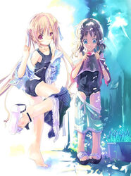  2girls barefoot clothes_pull feet hinoto lolicon looking_at_viewer multiple_girls one-piece_swimsuit original sandals school_swimsuit shoes single_shoe skirt skirt_pull swimsuit swimsuit_under_clothes 