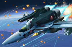  1980s_(style) 1boy aircraft airplane armor bad_id bad_pixiv_id battle cannon cockpit contrail earth_(planet) energy_gun explosion fighter_jet firing flying gunpod helmet i.t.o_daynamics ichijou_hikaru in_orbit itano_circus jet jolly_roger macross macross:_do_you_remember_love? military military_vehicle missile planet retro_artstyle science_fiction space spacecraft spacesuit u.n._spacy variable_fighter vehicle_focus vf-1 vf-1_strike weapon 