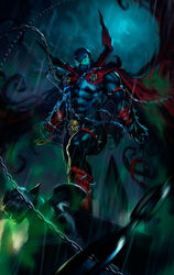  1boy absurdres building cape chains commentary dleoblack english_commentary glowing glowing_eyes green_eyes highres image_comics male_focus photoshop_(medium) rooftop skull solo spawn_(comic) spawn_(spawn) spikes superhero_costume 