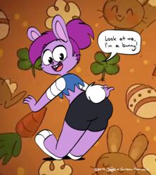  2017 4_fingers anthro ass bandage barefoot big_butt biped bottomwear buckteeth bunny_enid cartoon_network clothing digital_media_(artwork) english_text enid_(ok_k.o.!_lbh) feet female fingers fur hair hi_res joaoppereiraus lagomorph leporid looking_at_viewer looking_back mammal midriff ok_k.o.!_let&#039;s_be_heroes open_mouth paws pose purple_body purple_fur purple_hair rabbit rear_view scut_tail short_tail shorts smile solo standing tail teeth text were whiskers 