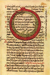  1478 15th_century alchemy ambiguous_gender ancient_art bite dragon feral greek_text hi_res license_info looking_at_viewer manuscript mythological_creature mythological_scalie mythology ouroboros public_domain scales scalie solo tail tail_bite tail_in_mouth text theodoros_pelecanos traditional_media_(artwork) translation_request 